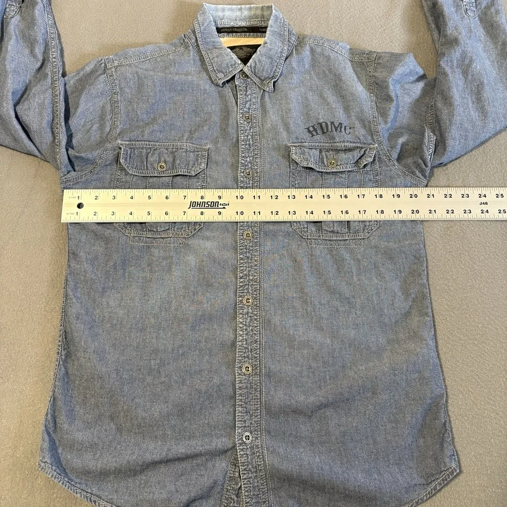 Harley Davidson Denim Shirt Men M Blue Biker Graphic Print Skull Logo‎ Y2K